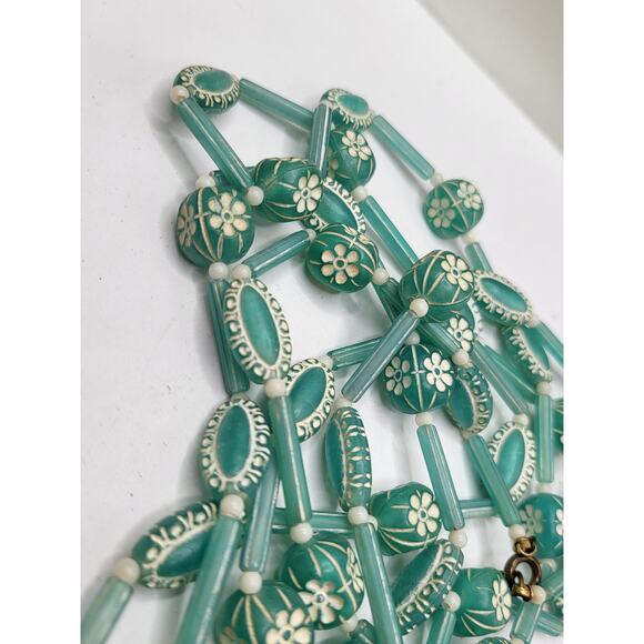 Vintage 1960s Japanese Carved Lucite Aqua Floral Bead Necklace 54 Inch Long - Picture 7 of 10
